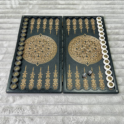 Luxury Black Acrylic Stone Backgammon "Golden Lion" Mini size 37*18,5cm, Travel size Gift-ready | Free worldwide delivery