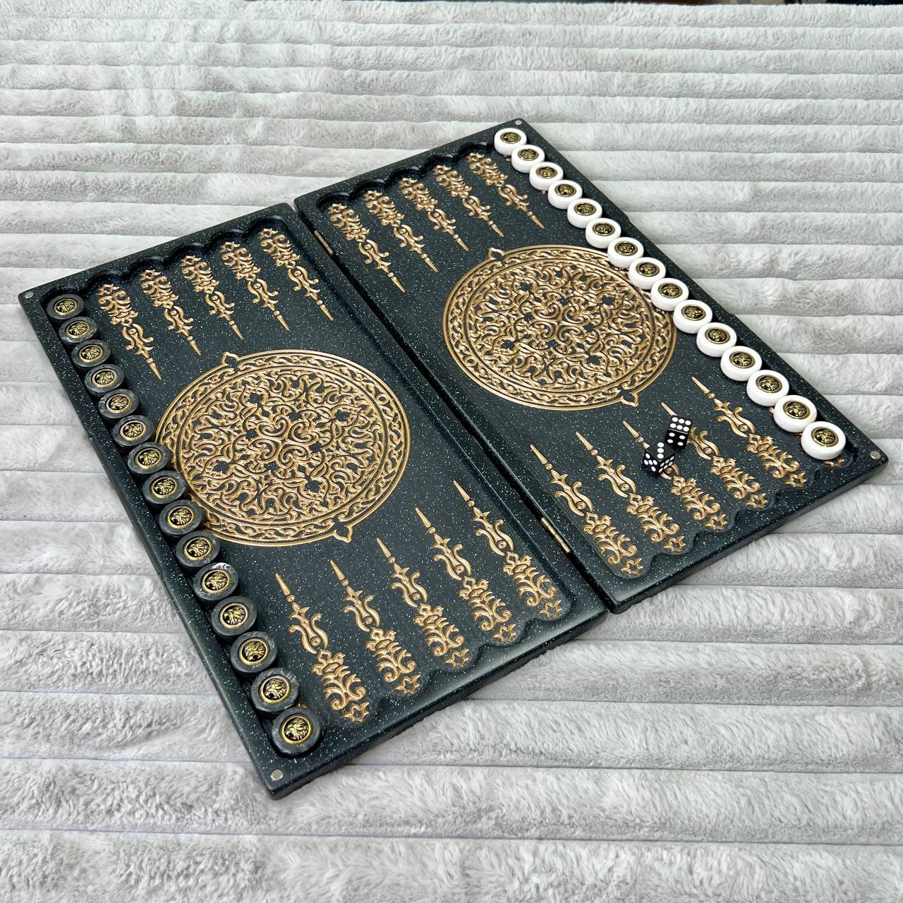 Luxury Black Acrylic Stone Backgammon "Golden Lion" Mini size 37*18,5cm, Travel size Gift-ready | Free worldwide delivery