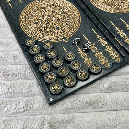 Luxury Black Acrylic Stone Backgammon "Golden Lion" Mini size 37*18,5cm, Travel size Gift-ready | Free worldwide delivery