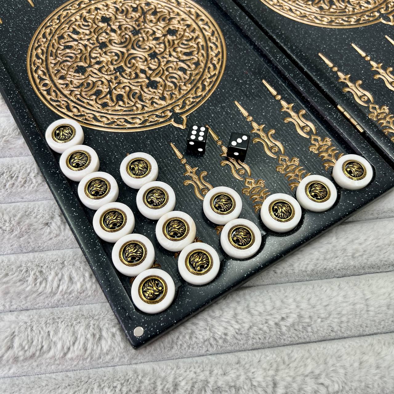 Luxury Black Acrylic Stone Backgammon "Golden Lion" Mini size 37*18,5cm, Travel size Gift-ready | Free worldwide delivery