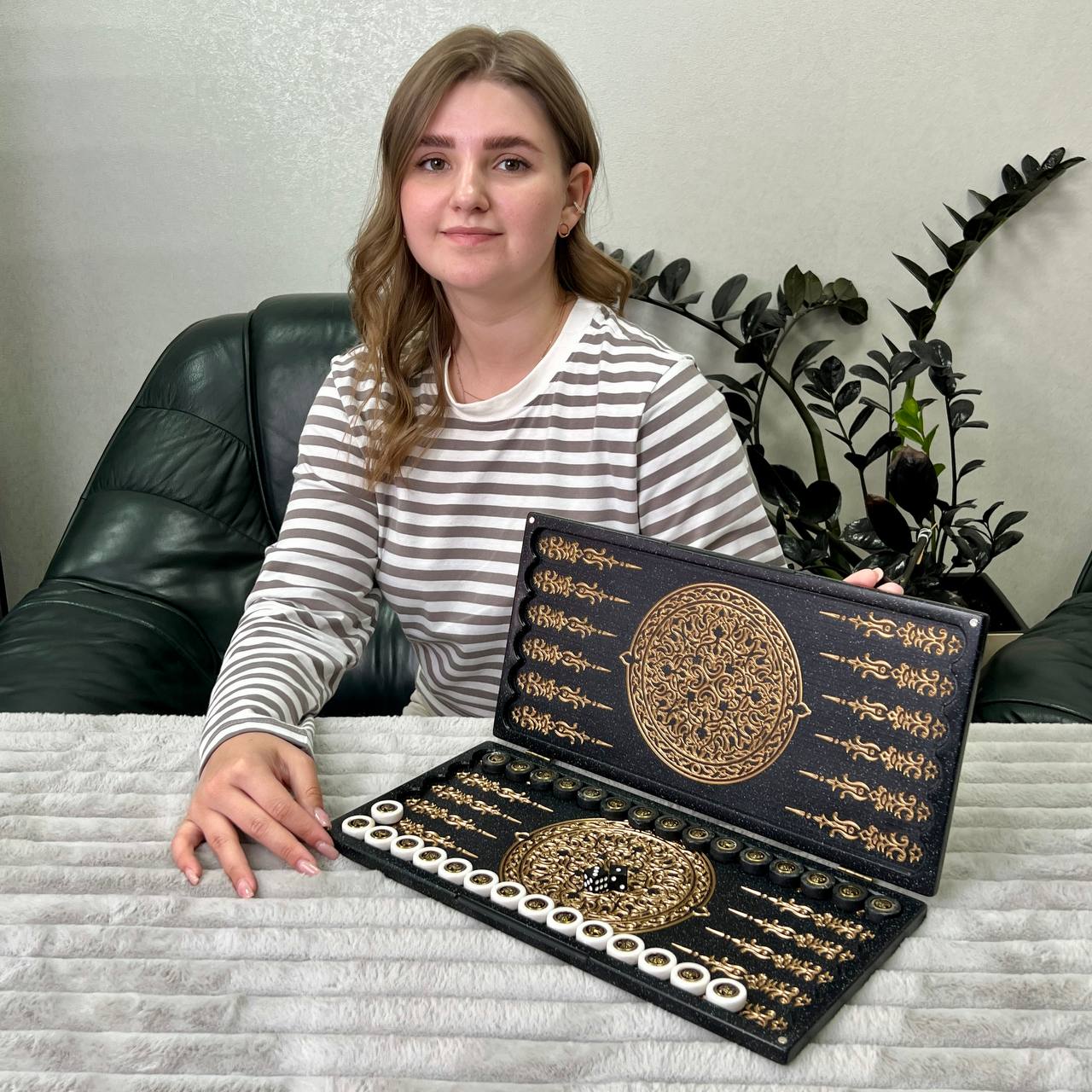 Luxury Black Acrylic Stone Backgammon "Golden Lion" Mini size 37*18,5cm, Travel size Gift-ready | Free worldwide delivery