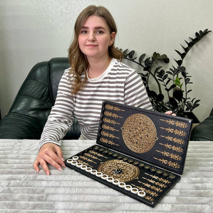 Luxury Black Acrylic Stone Backgammon "Golden Lion" Mini size 37*18,5cm, Travel size Gift-ready | Free worldwide delivery