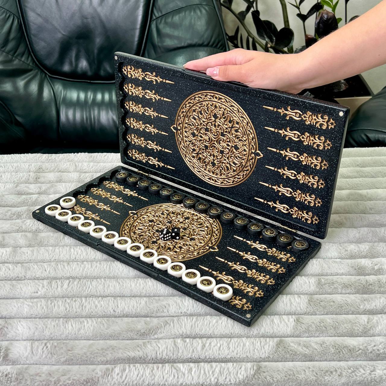 Luxury Black Acrylic Stone Backgammon "Golden Lion" Mini size 37*18,5cm, Travel size Gift-ready | Free worldwide delivery