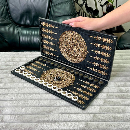 Luxury Black Acrylic Stone Backgammon "Golden Lion" Mini size 37*18,5cm, Travel size Gift-ready | Free worldwide delivery