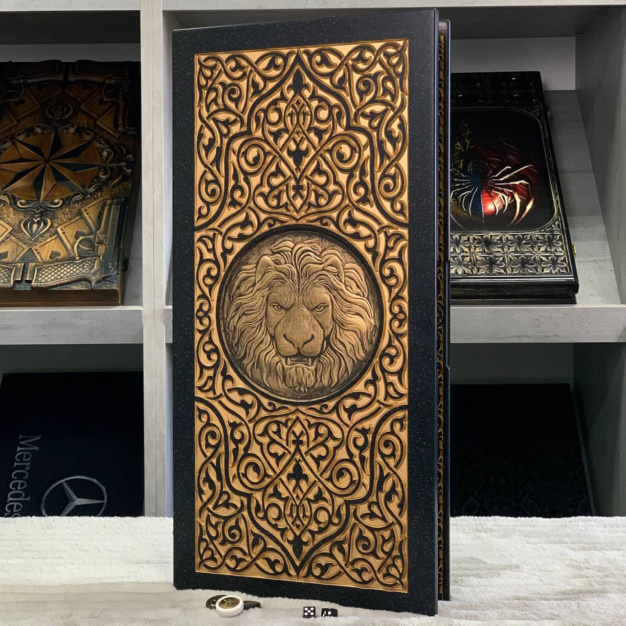 Luxury Black Acrylic Stone Backgammon "Golden Lion" 58*28cm Light Version Gift-ready | Free worldwide delivery