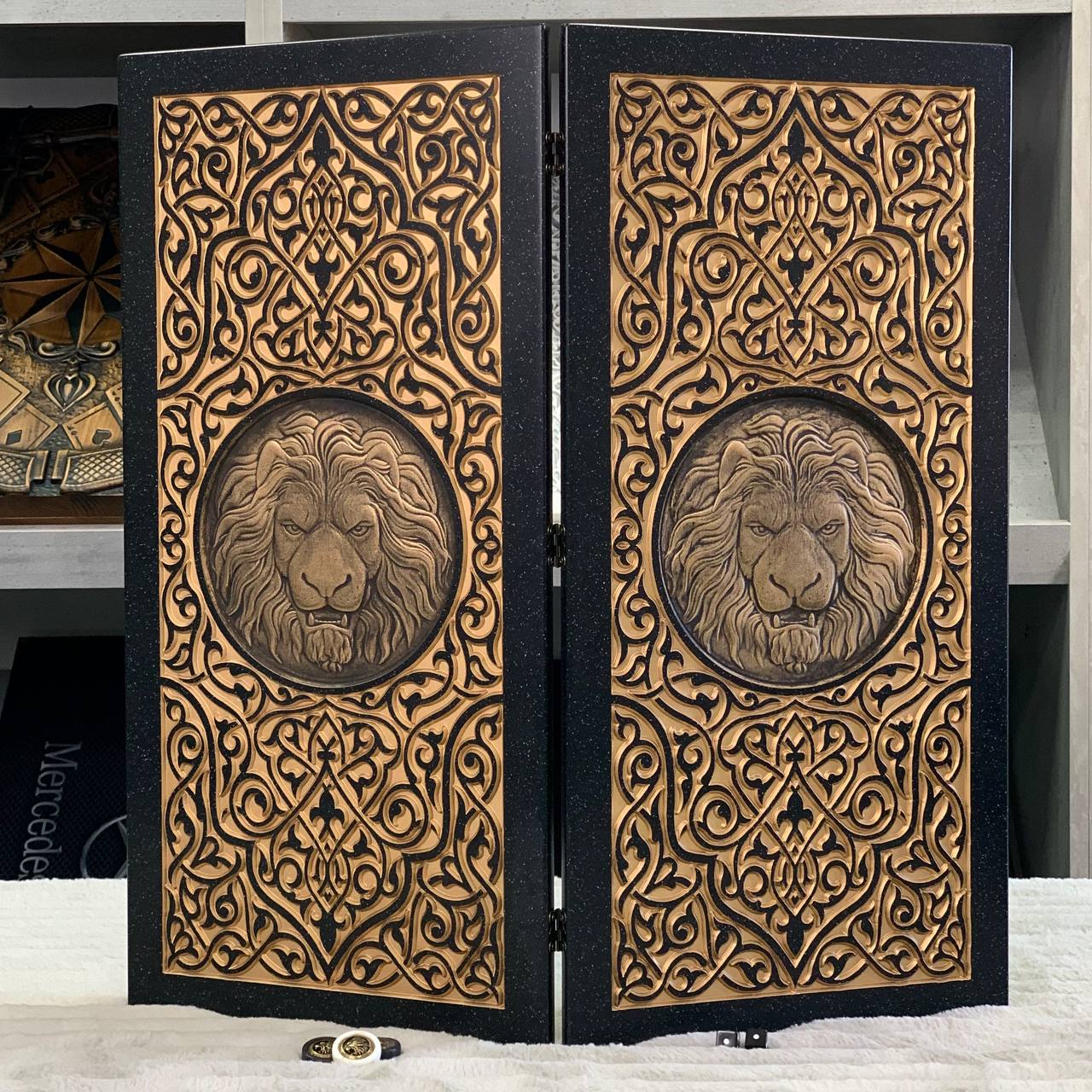 Luxury Black Acrylic Stone Backgammon "Golden Lion" 58*28cm Light Version Gift-ready | Free worldwide delivery