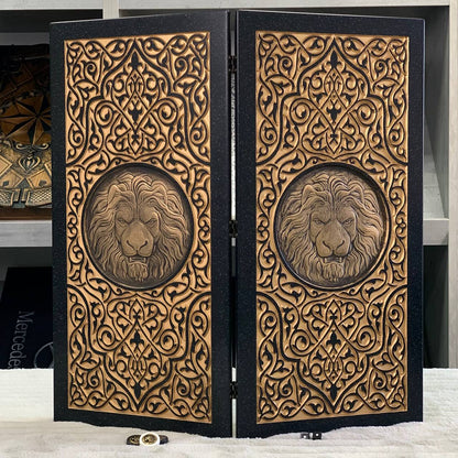 Luxury Black Acrylic Stone Backgammon "Golden Lion" 58*28cm Light Version Gift-ready | Free worldwide delivery
