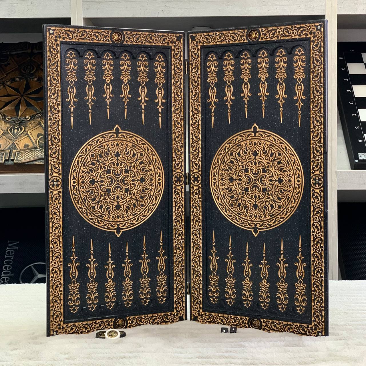 Luxury Black Acrylic Stone Backgammon "Golden Lion" 58*28cm Light Version Gift-ready | Free worldwide delivery