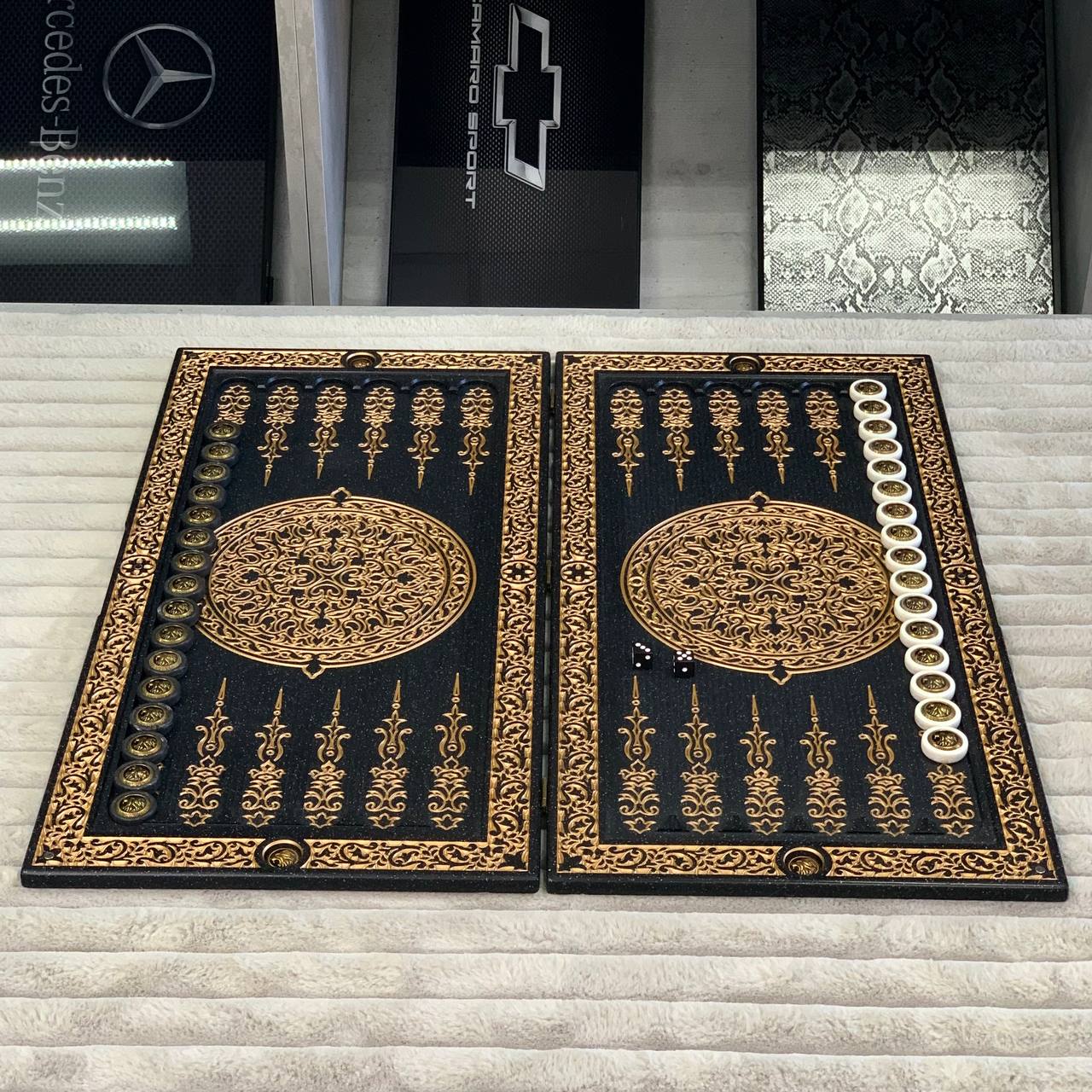 Luxury Black Acrylic Stone Backgammon "Golden Lion" 58*28cm Light Version Gift-ready | Free worldwide delivery