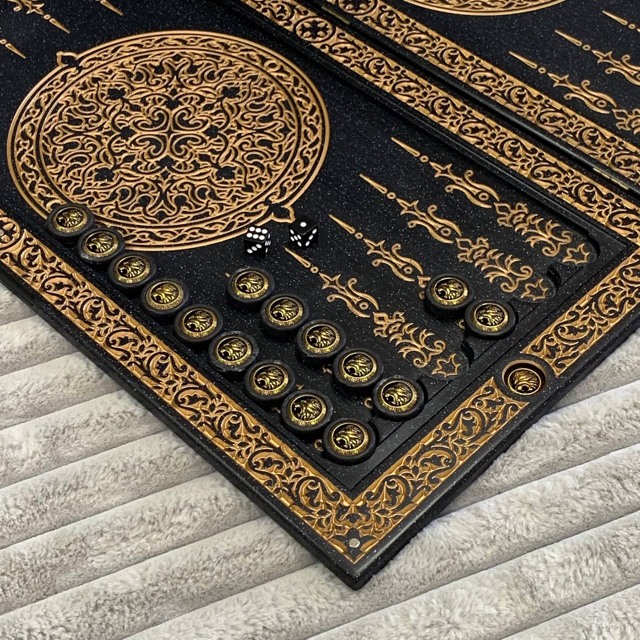 Luxury Black Acrylic Stone Backgammon "Golden Lion" 58*28cm Light Version Gift-ready | Free worldwide delivery