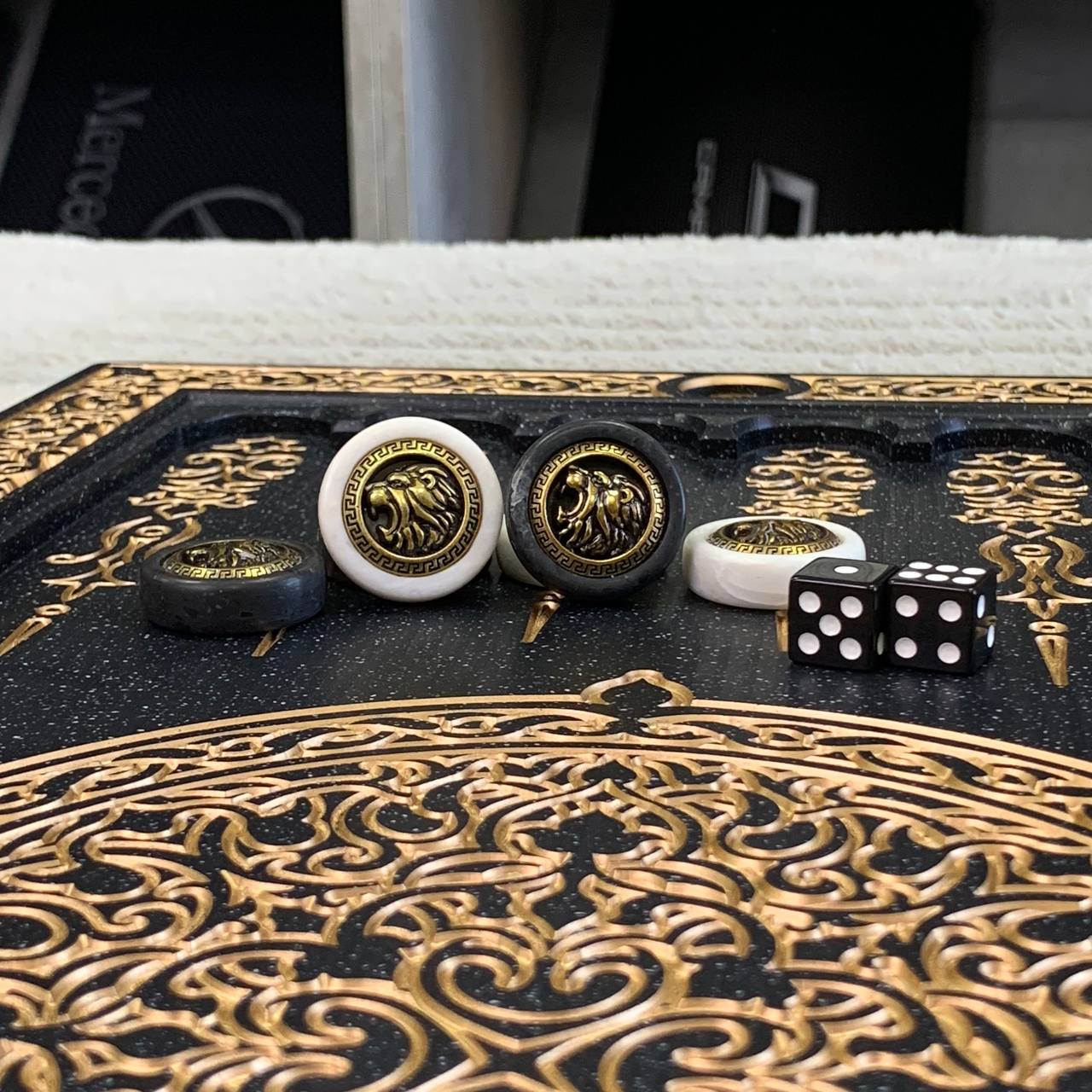 Luxury Black Acrylic Stone Backgammon "Golden Lion" 58*28cm Light Version Gift-ready | Free worldwide delivery