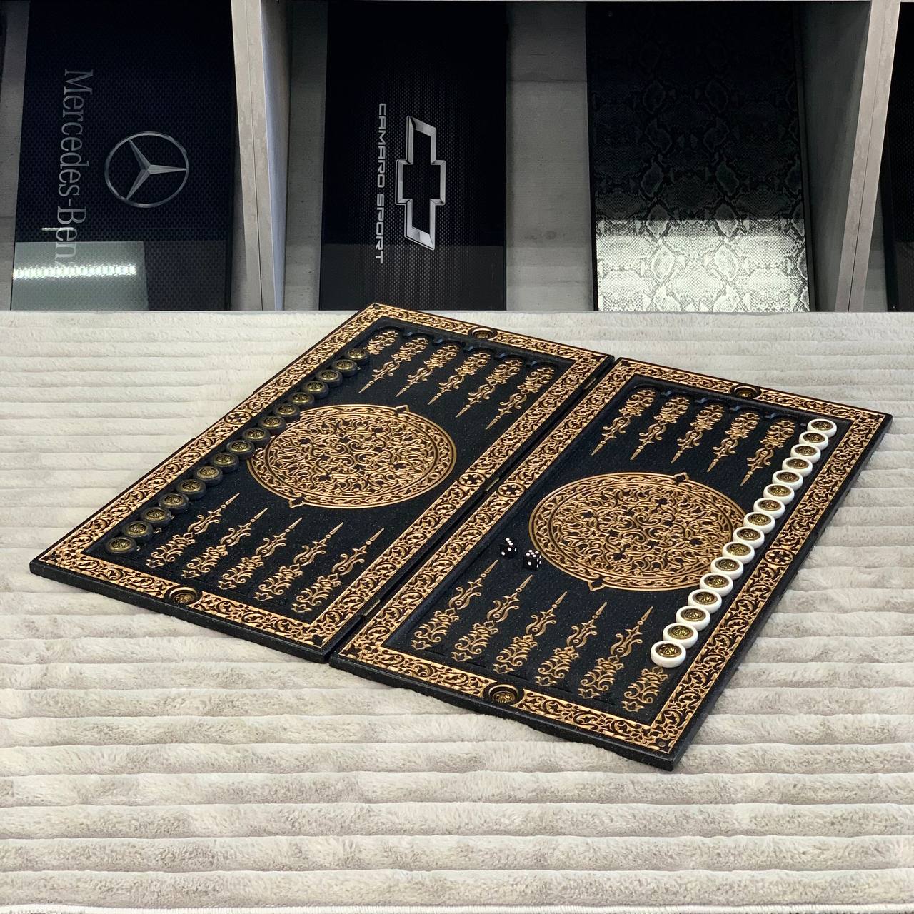 Luxury Black Acrylic Stone Backgammon "Golden Lion" 58*28cm Light Version Gift-ready | Free worldwide delivery