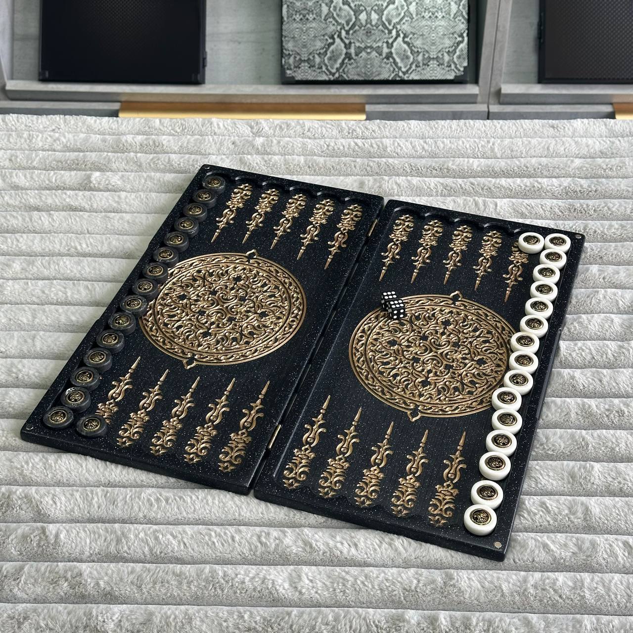 Luxury Black Acrylic Stone Backgammon "Golden Lion" Mini size 37*18,5cm, Travel size Gift-ready | Free worldwide delivery