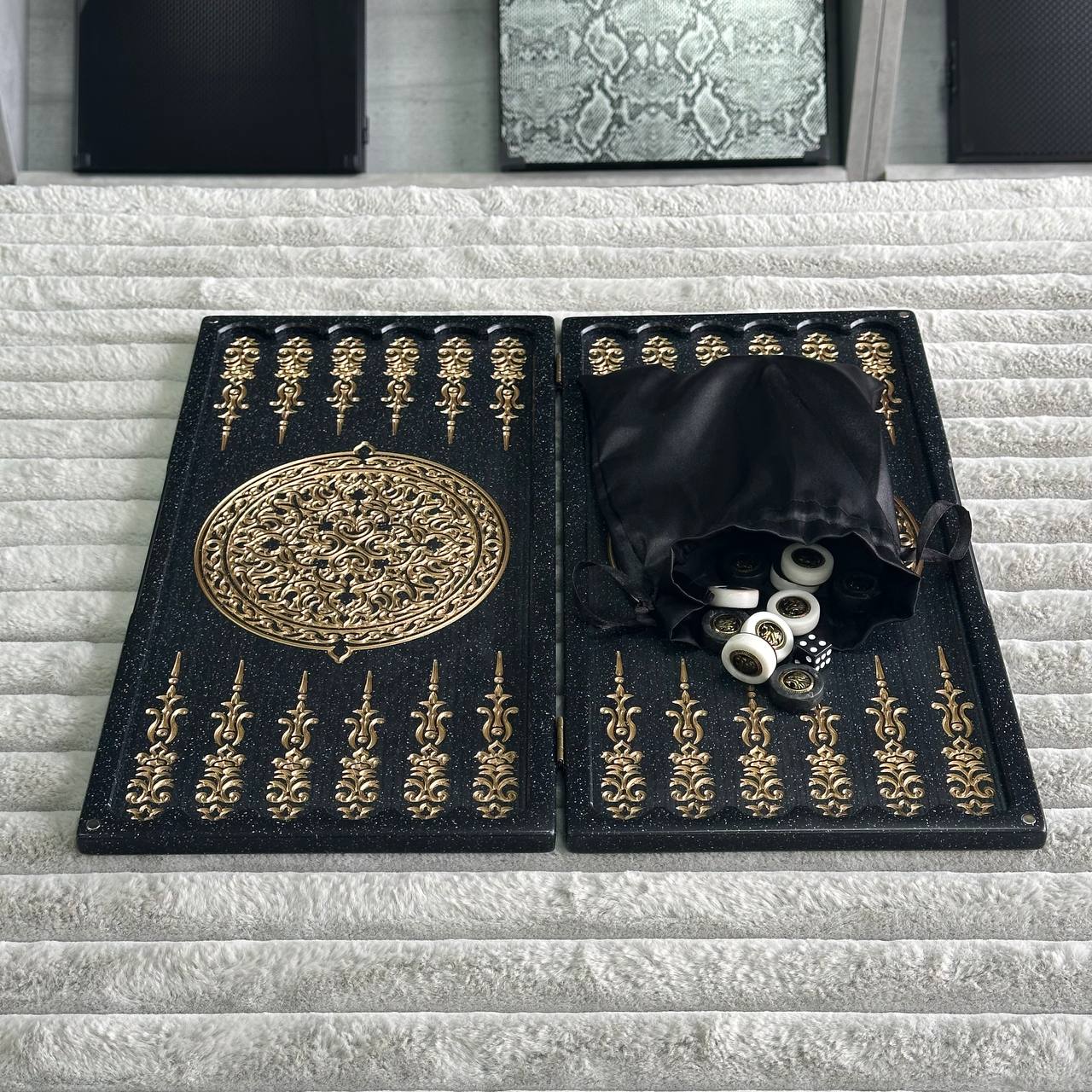 Luxury Black Acrylic Stone Backgammon "Golden Lion" Mini size 37*18,5cm, Travel size Gift-ready | Free worldwide delivery