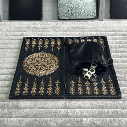 Luxury Black Acrylic Stone Backgammon "Golden Lion" Mini size 37*18,5cm, Travel size Gift-ready | Free worldwide delivery