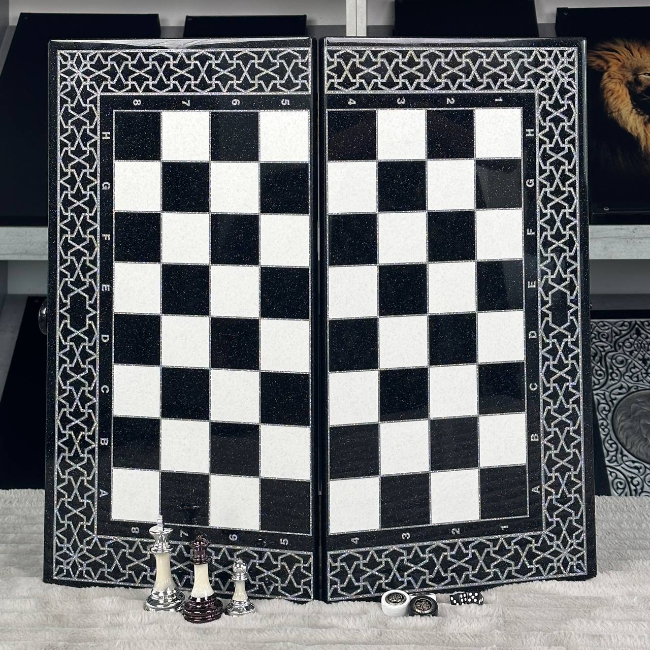 Luxury Black Acrylic Stone Chess and Backgammon Set "Lion" Gift-ready – Exclusive, Original, Customizable