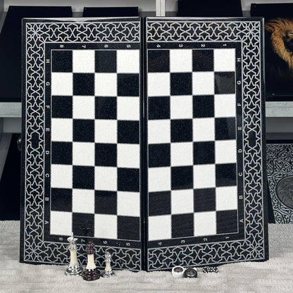 Luxury Black Acrylic Stone Chess and Backgammon Set "Lion" Gift-ready – Exclusive, Original, Customizable