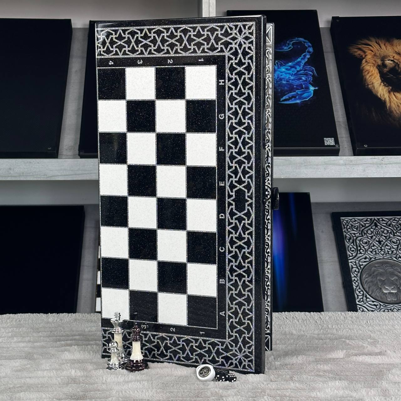 Luxury Black Acrylic Stone Chess and Backgammon Set "Lion" Gift-ready – Exclusive, Original, Customizable