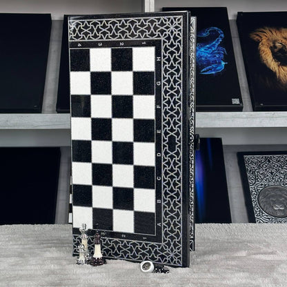 Luxury Black Acrylic Stone Chess and Backgammon Set "Lion" Gift-ready – Exclusive, Original, Customizable