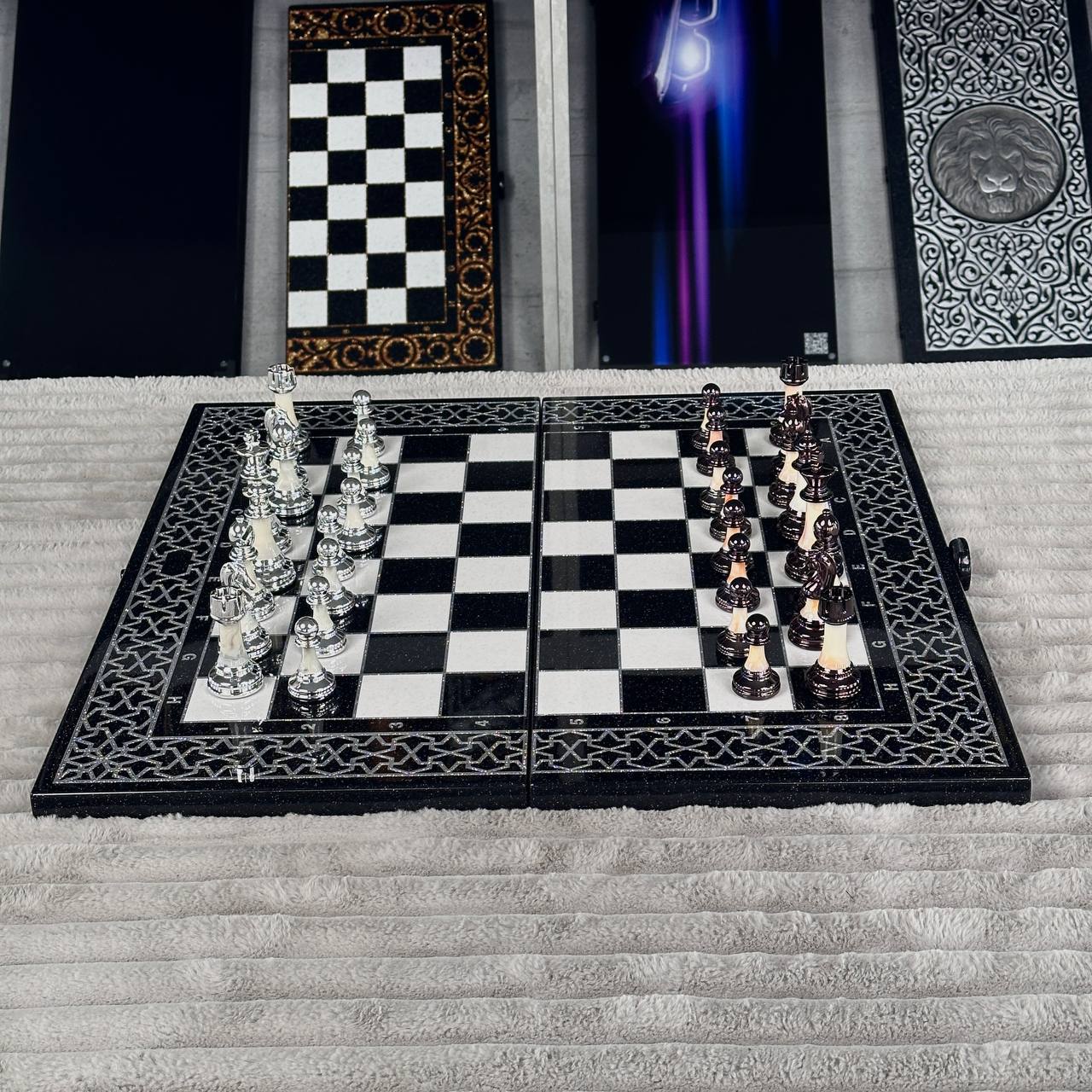 Luxury Black Acrylic Stone Chess and Backgammon Set "Lion" Gift-ready – Exclusive, Original, Customizable