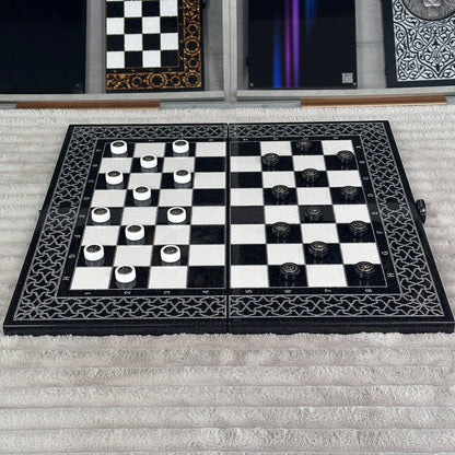Luxury Black Acrylic Stone Chess and Backgammon Set "Lion" Gift-ready – Exclusive, Original, Customizable