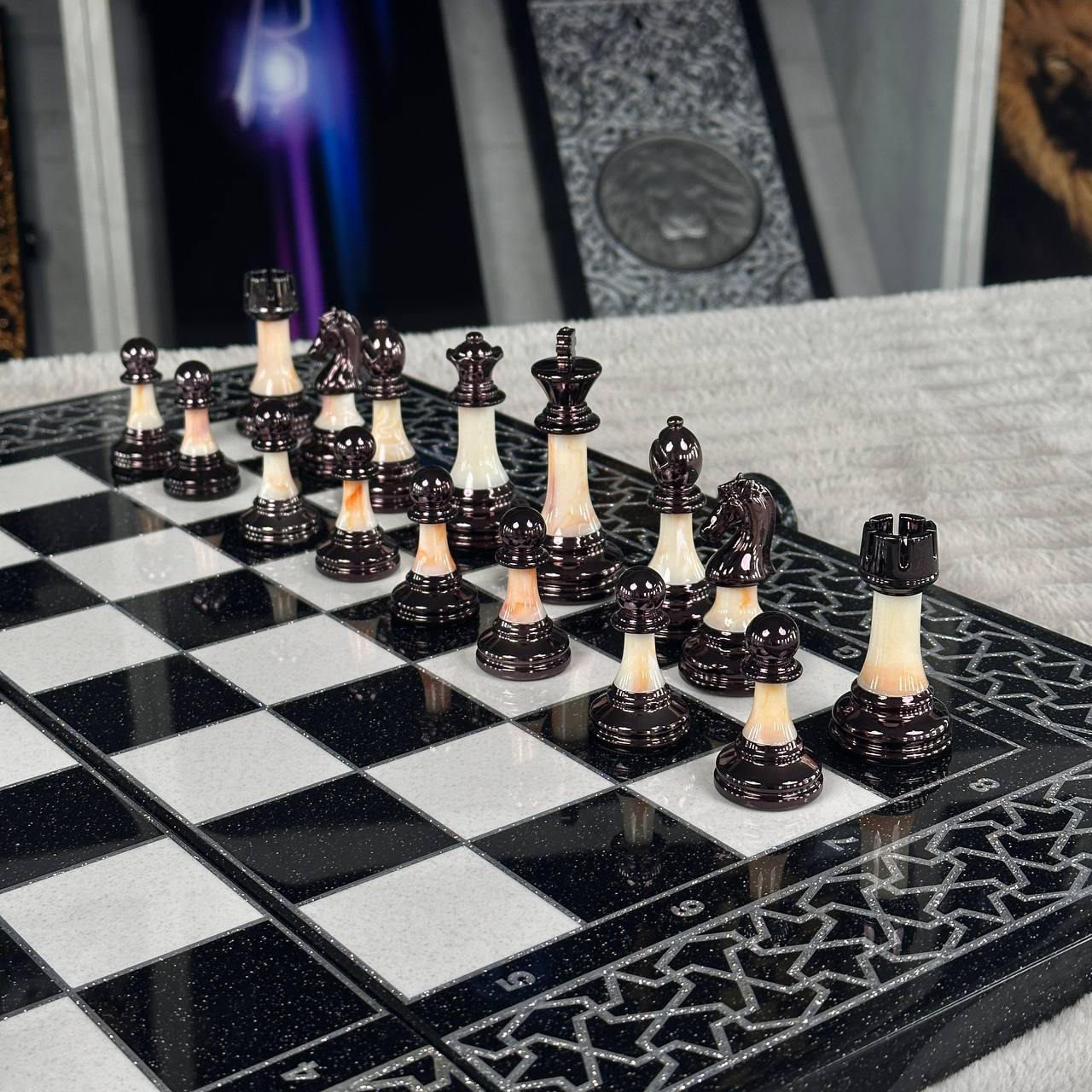 Luxury Black Acrylic Stone Chess and Backgammon Set "Lion" Gift-ready – Exclusive, Original, Customizable