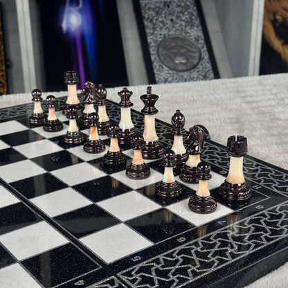 Luxury Black Acrylic Stone Chess and Backgammon Set "Lion" Gift-ready – Exclusive, Original, Customizable