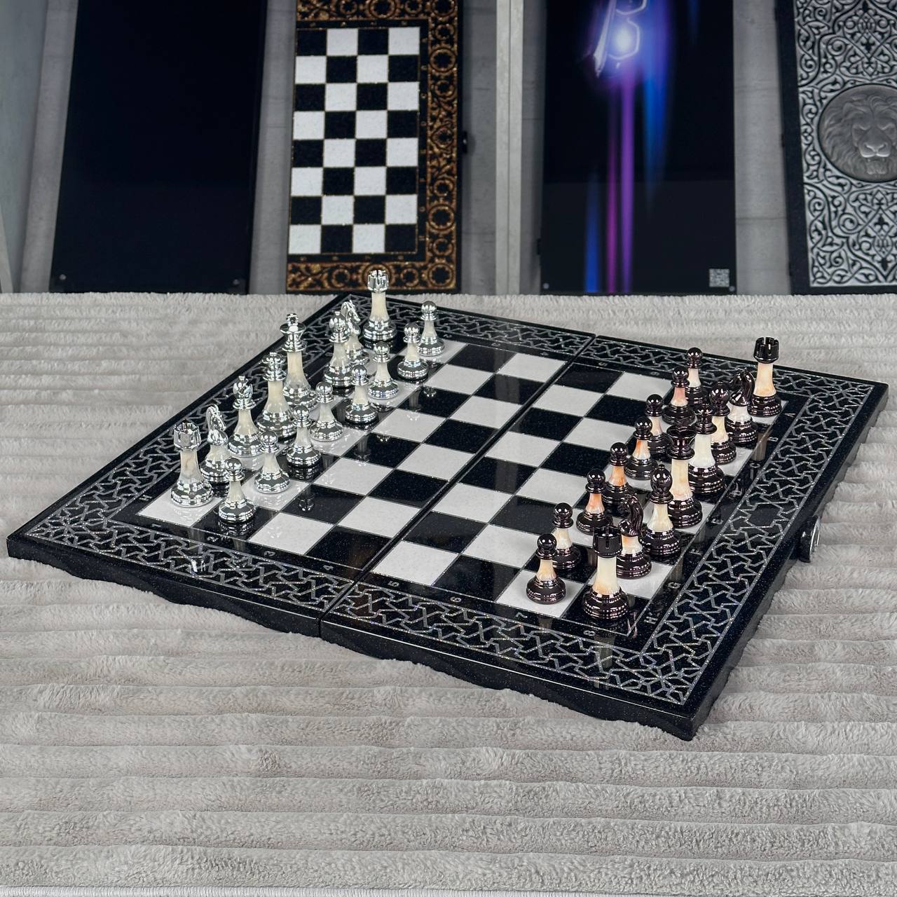 Luxury Black Acrylic Stone Chess and Backgammon Set "Lion" Gift-ready – Exclusive, Original, Customizable
