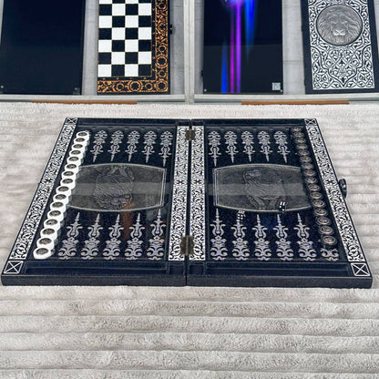 Luxury Black Acrylic Stone Chess and Backgammon Set "Lion" Gift-ready – Exclusive, Original, Customizable