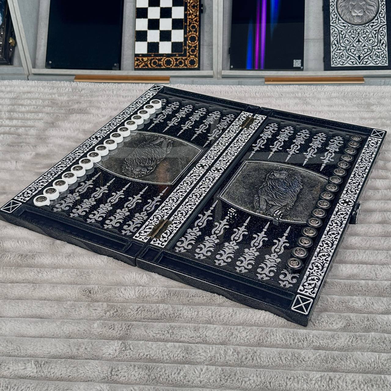 Luxury Black Acrylic Stone Chess and Backgammon Set "Lion" Gift-ready – Exclusive, Original, Customizable