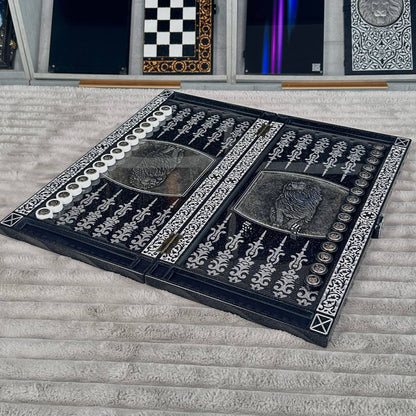 Luxury Black Acrylic Stone Chess and Backgammon Set "Lion" Gift-ready – Exclusive, Original, Customizable