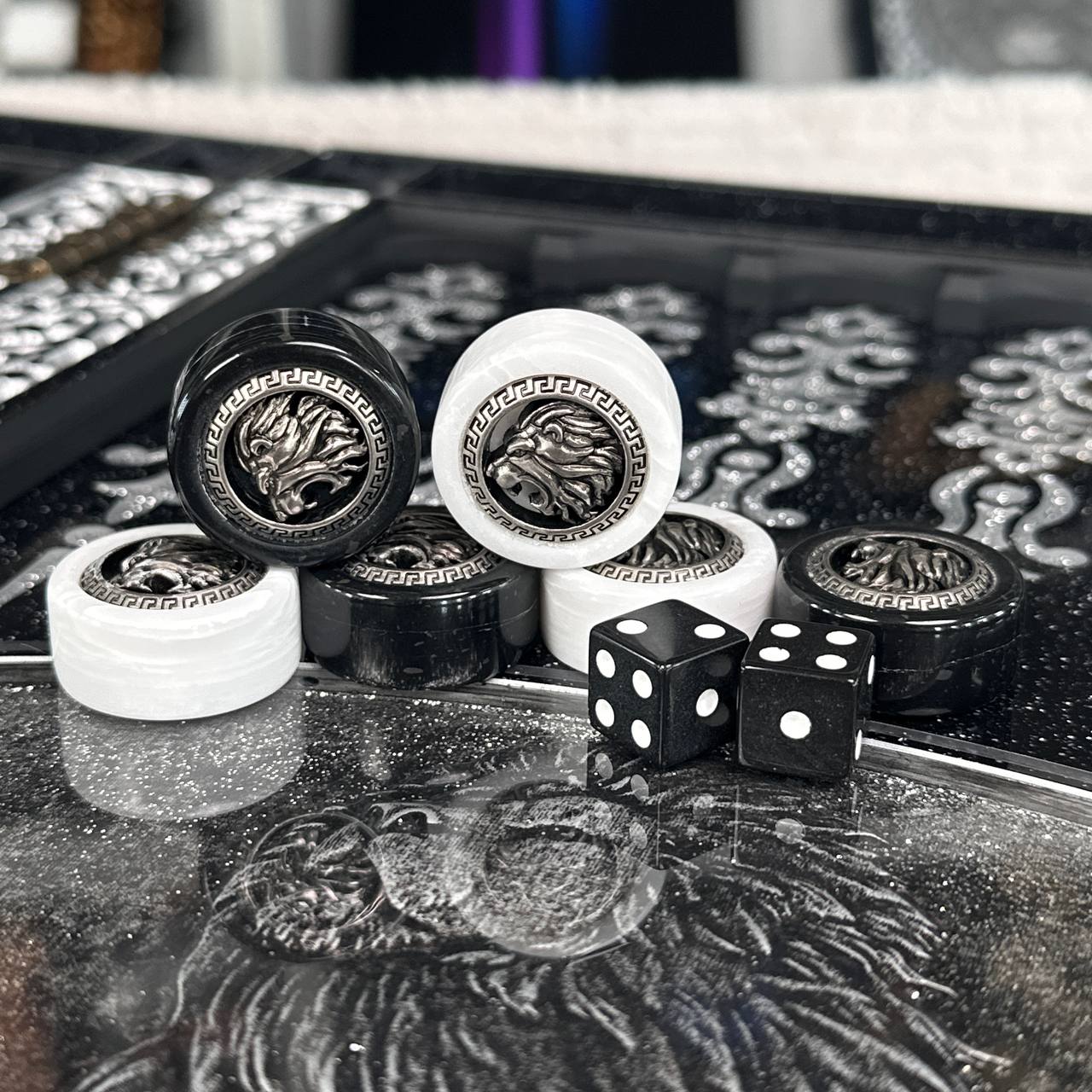 Luxury Black Acrylic Stone Chess and Backgammon Set "Lion" Gift-ready – Exclusive, Original, Customizable