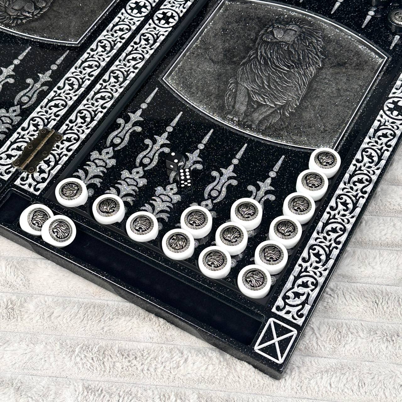 Luxury Black Acrylic Stone Chess and Backgammon Set "Lion" Gift-ready – Exclusive, Original, Customizable