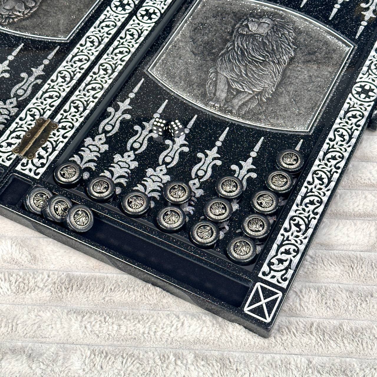 Luxury Black Acrylic Stone Chess and Backgammon Set "Lion" Gift-ready – Exclusive, Original, Customizable