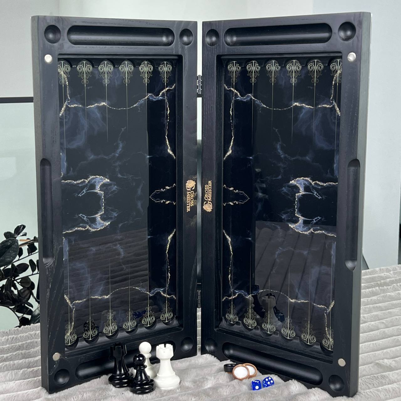 Glass Chess and Backgammon Set 3 in 1 in Wooden Frame, 2 sizes,  A Luxurious Golden Design Gift-ready Board Game