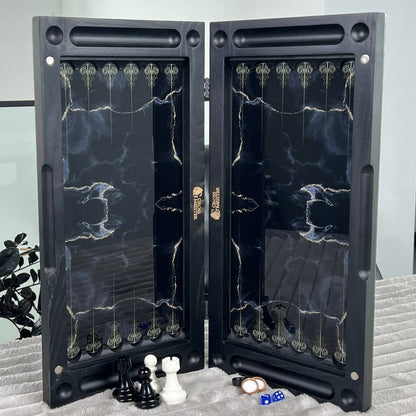 Glass Chess and Backgammon Set 3 in 1 in Wooden Frame, 2 sizes,  A Luxurious Golden Design Gift-ready Board Game