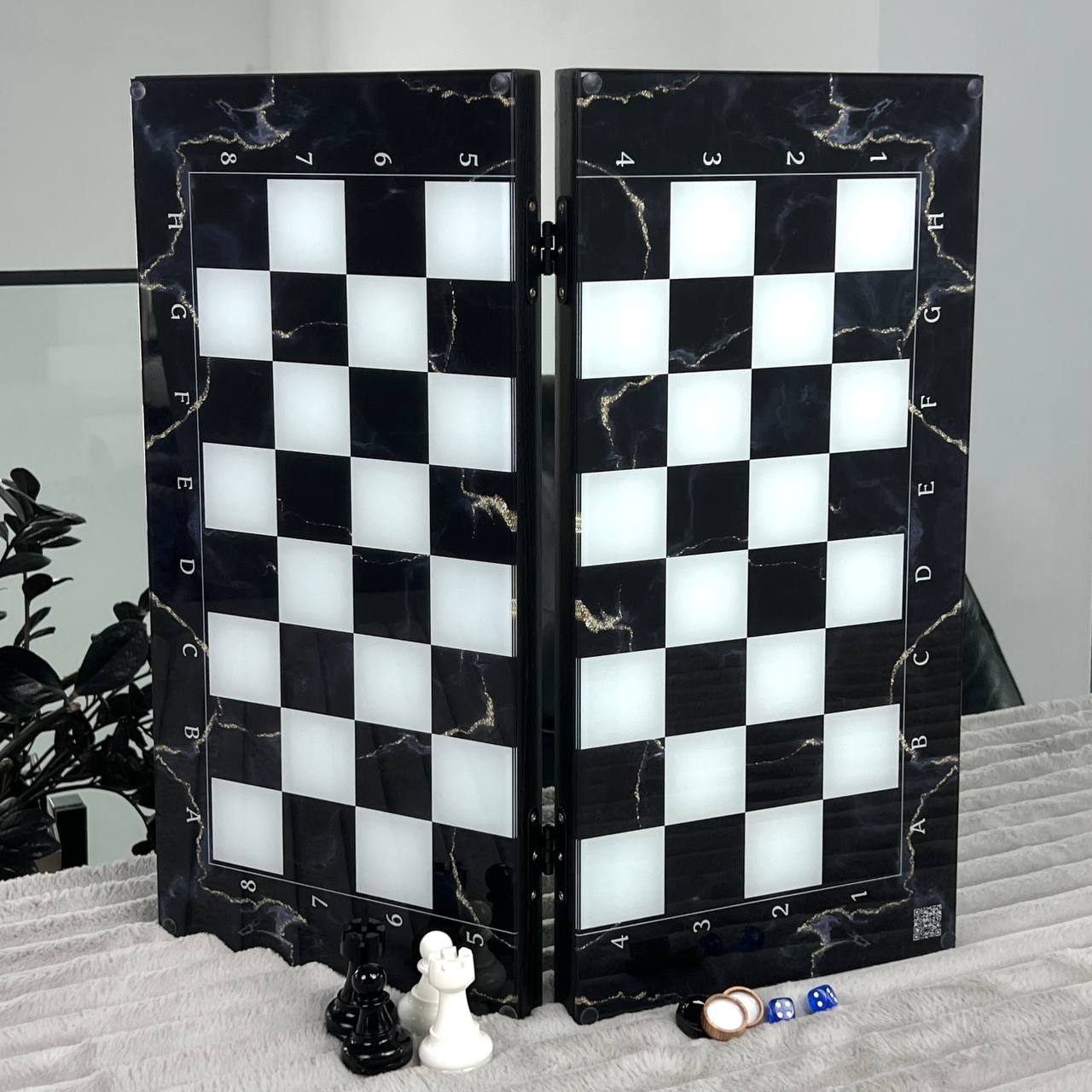 Glass Chess and Backgammon Set 3 in 1 in Wooden Frame, 2 sizes,  A Luxurious Golden Design Gift-ready Board Game