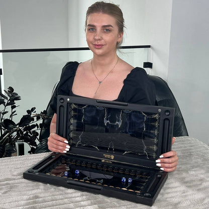 Glass Chess and Backgammon Set 3 in 1 in Wooden Frame, 2 sizes,  A Luxurious Golden Design Gift-ready Board Game