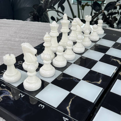 Glass Chess and Backgammon Set 3 in 1 in Wooden Frame, 2 sizes,  A Luxurious Golden Design Gift-ready Board Game