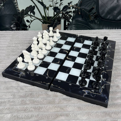 Glass Chess and Backgammon Set 3 in 1 in Wooden Frame, 2 sizes,  A Luxurious Golden Design Gift-ready Board Game