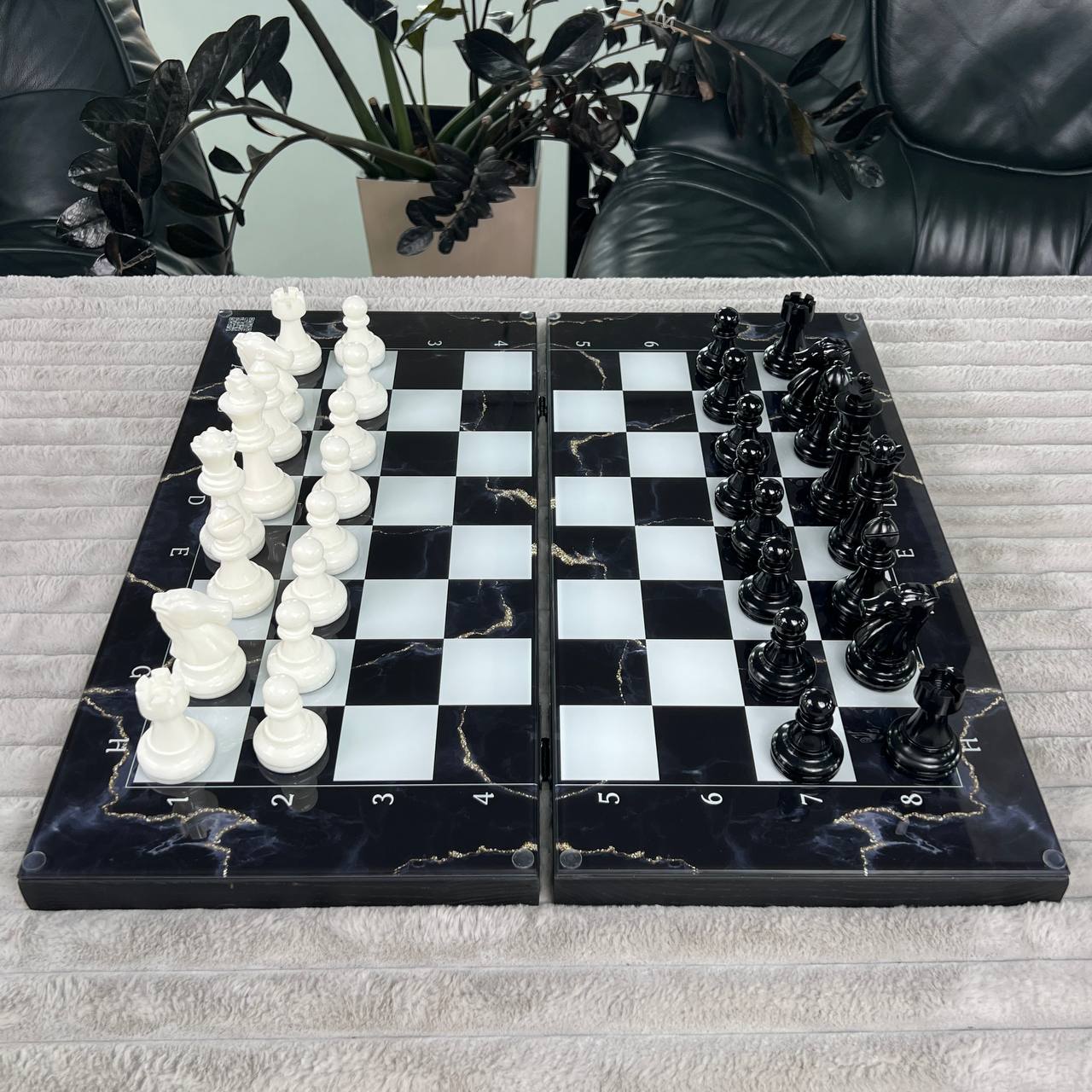 Glass Chess and Backgammon Set 3 in 1 in Wooden Frame, 2 sizes,  A Luxurious Golden Design Gift-ready Board Game