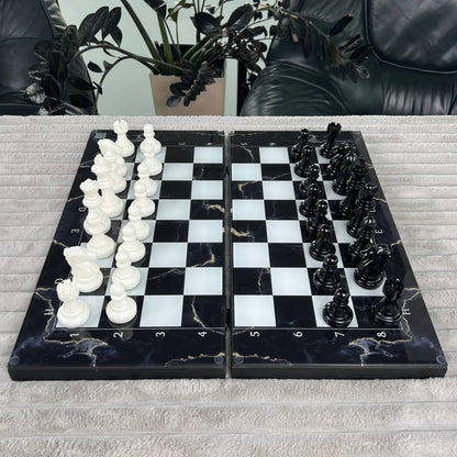 Glass Chess and Backgammon Set 3 in 1 in Wooden Frame, 2 sizes,  A Luxurious Golden Design Gift-ready Board Game