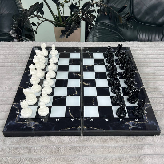 Glass Chess and Backgammon Set 3 in 1 in Wooden Frame, 2 sizes,  A Luxurious Golden Design Gift-ready Board Game