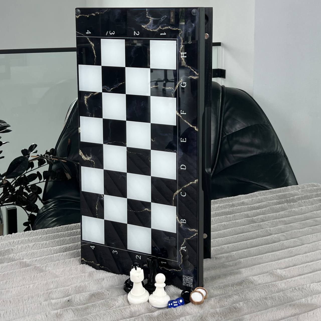 Glass Chess and Backgammon Set 3 in 1 in Wooden Frame, 2 sizes,  A Luxurious Golden Design Gift-ready Board Game