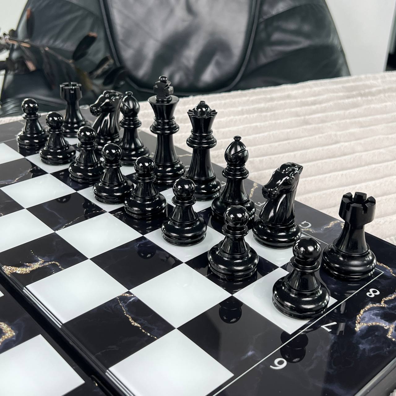 Glass Chess and Backgammon Set 3 in 1 in Wooden Frame, 2 sizes,  A Luxurious Golden Design Gift-ready Board Game