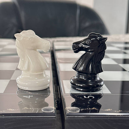 Glass Chess and Backgammon Set 3 in 1 in Wooden Frame, 2 sizes,  A Luxurious Golden Design Gift-ready Board Game