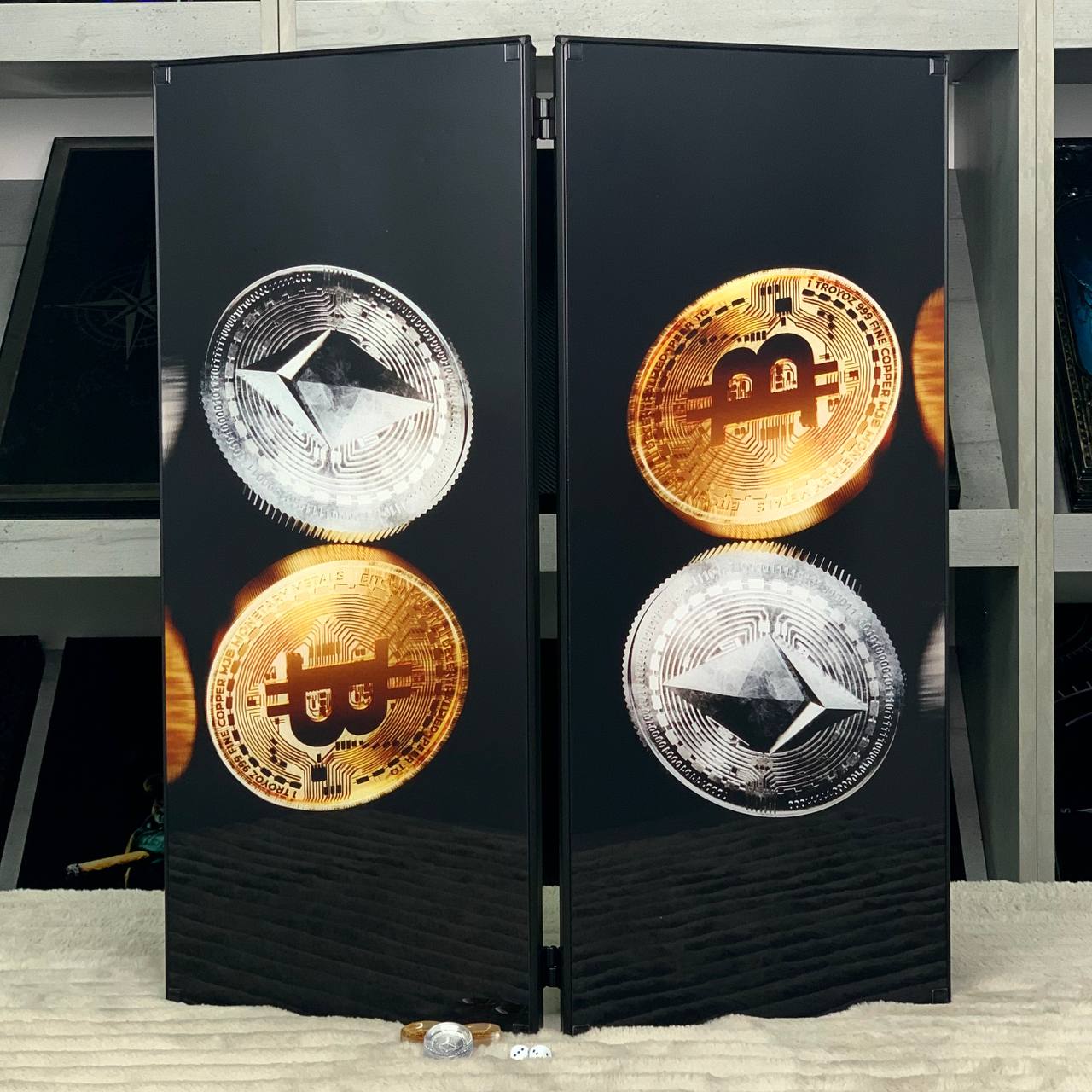 Glass backgammon "Bitcoin-Ethereum",  backgammon board, gift for boss, Gift-ready