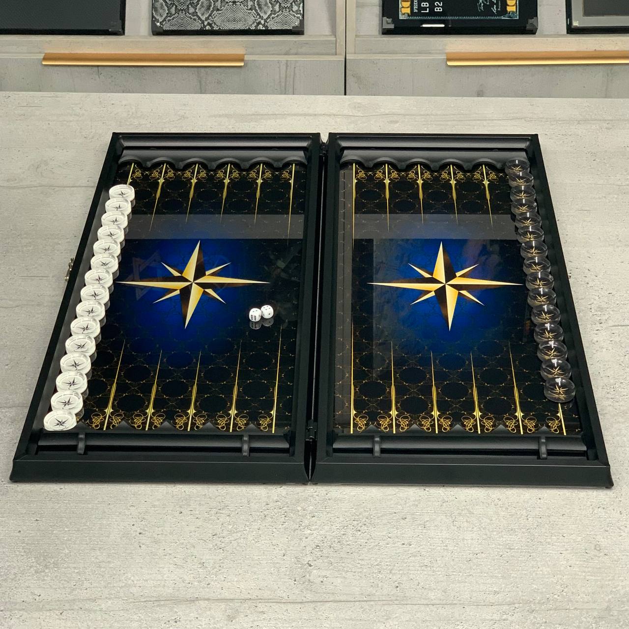 Handmade Luxurious Compass Rose Glass Backgammon Set 61*27cm. Customized, Gift-ready