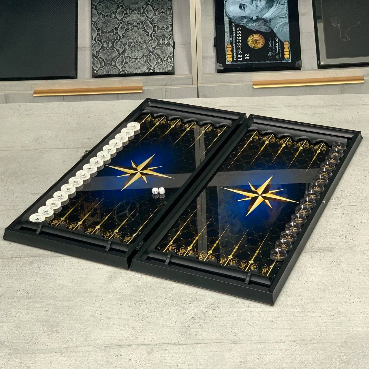 Handmade Luxurious Compass Rose Glass Backgammon Set 61*27cm. Customized, Gift-ready