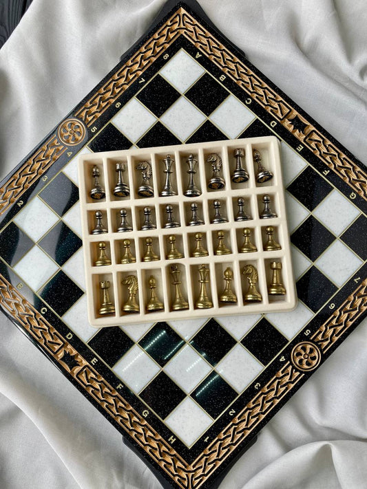 Black acrylic stone chess and checkers set, gifted game board, chess board, black chess board